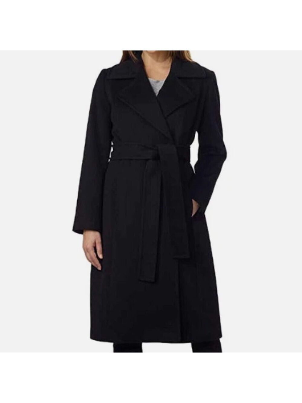 Size 8 George Simonton Couture Women's Cashmere Belted Wrap Bl;ack Coat - Picture 1 of 8